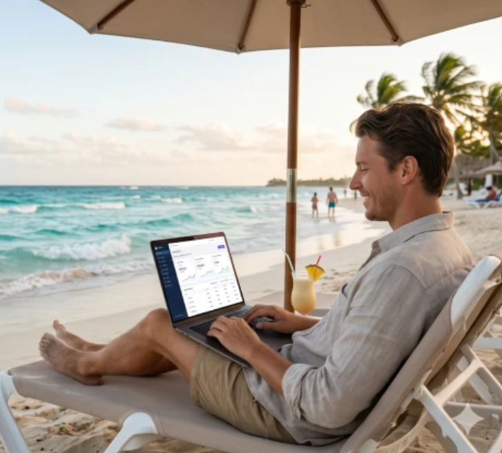 Person relaxed on a beach at sunset, working from a laptop