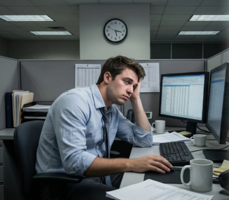 Stressed office worker at a desk, representing the 9-to-5 grind